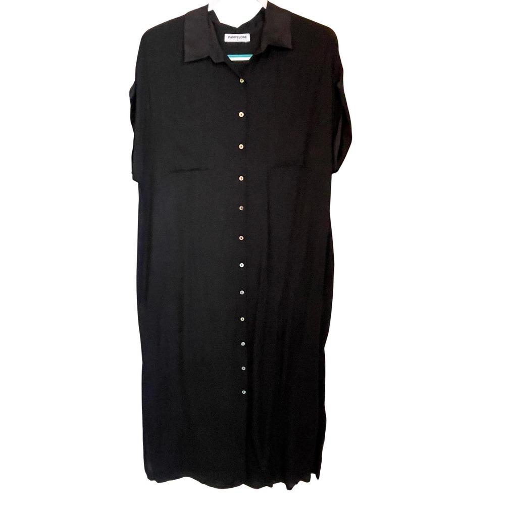 Pampelone Black Button Front Short Sleeve Midi Shirt Dress Size L Minimalist